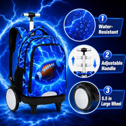 KLFVB Big Quiet-Glide Wheels Rolling School Backpack, 3-in-1 Roller Bag Set with Lunch Bag | Water-Resistant Wheeled Bookbag for Boys, Travel, Play - Lightning Rugby - color: Rolling Backpack With Big Wheels - Lightning Rugby
