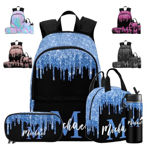 MyPupSocks Personalized Casual School Backpack for Girls Back School Gift, Custom Blue Glitter Drops Lunch Box Girls Backpack Shoulder Book Bag Travel Knapsack for Kids Travel - color: Multi 05