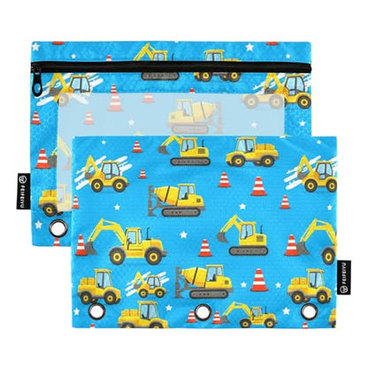 Binder Pouches 3 Ring for Boys Girls Cute Car Excavator Blue Zipper Pencil Pouches Case Bag with Clear Window School College Office Supplies 2 Pack - color: Car