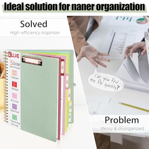 Sauge Foldable Spiral Clipboard Folio with Storage Zipper Pouch, 5 Plastic Folders with Pockets,Refillable Lined Notepad (8.5" x 11"), Hardcover Project Organizer with 36 Stickers - color: 1-sauge