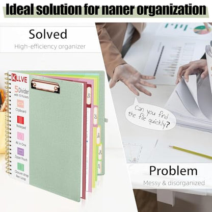 Sauge Foldable Spiral Clipboard Folio with Storage Zipper Pouch, 5 Plastic Folders with Pockets,Refillable Lined Notepad (8.5" x 11"), Hardcover Project Organizer with 36 Stickers - color: 1-sauge