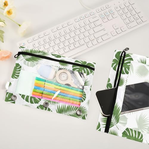 Blueangle Tropical Leaf Pencil Pouch for 3 Ring Binder, 2 Pack Clear Window Zipper Pencil Bags for Office