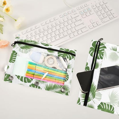 Blueangle Tropical Leaf Pencil Pouch for 3 Ring Binder, 2 Pack Clear Window Zipper Pencil Bags for Office