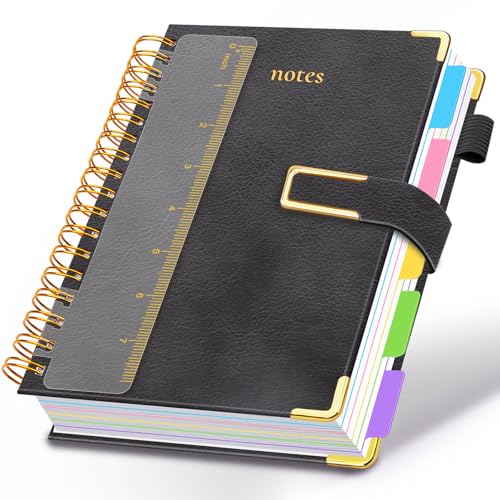 Hardcover Spiral Notebook College Ruled, 6.2"x 8.2" Leather Journal Notebook with Magnetic Closure, 300 Pages 5 Subject Notebook with Dividers Tabs Journal for Women Men, Work, School(Black) - color: Black, size: A5-6.2"x8.2"