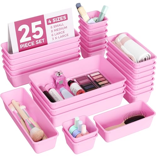 BiuLeon 25 PCS Plastic Drawer Organizers Set, 4-Sizes Vanity and Makeup Organizer, Desk and bathroom Drawer Organizer Trays, Organizers and Storage for Makeup, Jewelry, Gadgets, Utensils(Light Purple) - color: Light Purple