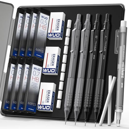 WUO Mechanical Pencils Set, 4-Pack 0.5mm & 0.7mm Metal Drafting Pencils with 480 HB Lead Refills, Precision Eraser Pen, 4B Erasers & Case for Writing, Drawing, Sketching & School, Grey&Black - color: Black+Grey