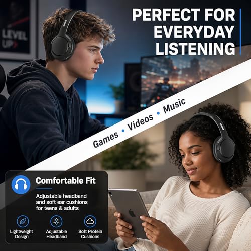 MIDOLA Bluetooth Headphones Over Ear, 68H Playtime Wireless Headphones with Microphone, 6 EQ Modes, HiFi Stereo Deep Bass, Foldable Lightweight Headset for Home Office, Cellphone, PC, Black - color: Black