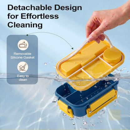 Bento Box Adult Lunch Box, Lunch Containers for Adults 44 Oz,Yellow / Blue | BPA-Free, Lid-Top Sauce Tray, Leak-Proof, 1300mL, Removable Silicone Sealing Ring, Lid-Top Utensil Slot with Included Cutlery - color: Yellow / Blue