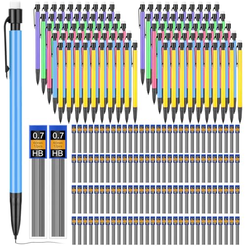 240 Pcs 0.7mm Mechanical Pencils Bulk Set Include 120 Mechanical Pencil with Eraser 120 HB Lead Refills for Art Office Classroom School Student Writing Drawing Sketching Supplies - color: red, green, blue, purple, yellow
