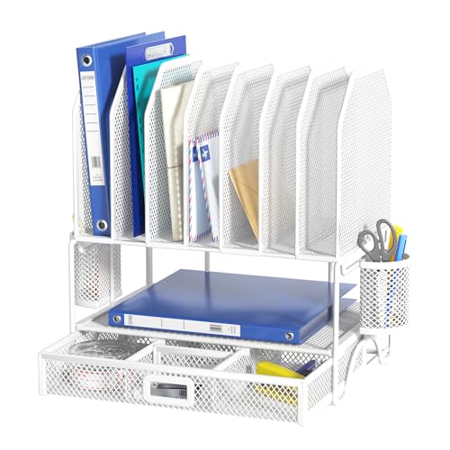 FANXIYQ Metal Desk Organizer with Sliding Drawer, 7-Section File Organizer for Desk, Desktop File Folder & Paper Organizer with 2 Hanging Pen Holders, Office Supplies Organizer, White - color: Wihte