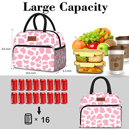 Coobiiya Lunch Bag Women, Lunch Box for Women Adult Men, Small Leak-proof Cute Lunch Tote Large Capacity Reusable Insulated Cooler Lunch Container for Work/Office/Picnic/Travel-Pink Cow - color: Pink Cow