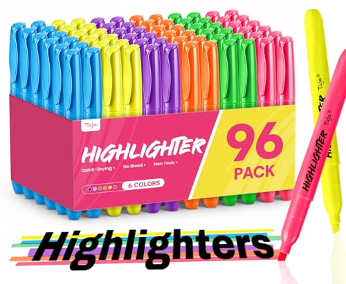 Taja Highlighters 96 Pack, 6 Assorted Colors, Bulk Pack Chisel Tip Marking Pens with Clean Ink, Suitable for School, Office, and Daily Use - color: Multicolor
