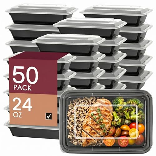Meal Prep Containers 50 Pack with Lids, 24 Oz Food Storage Containers, BPA Free Reusable Plastic Boxes, Leakproof Microwave Freezer Dishwasher Safe for Home & Office - size: 24 OZ