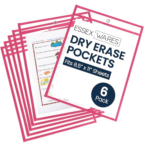 Essex Wares - 6 Pack, Hot Pink, Durable Water-Resistant Dry Erase Pocket Document Protectors, 10" Wide x 13.5" Tall - Dry Erase Clear Plastic Sleeves - Reusable & Easy Erase Plastic Invoice Holders - color: Hot Pink