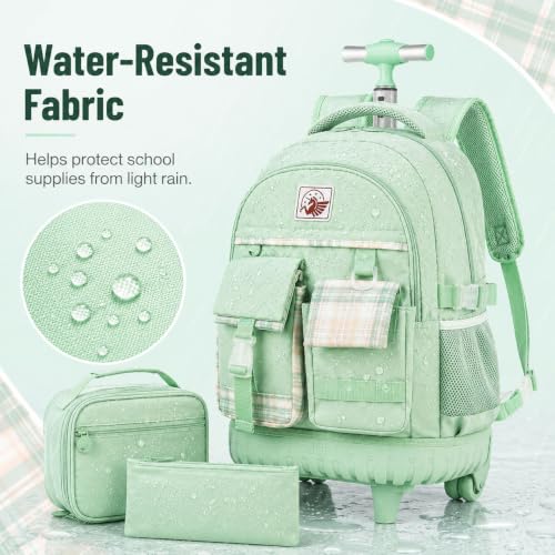 gxtvo 3PCS Womens Rolling Backpack for Girls, Wheeled Bookbag with Lunch Box for Adults, Water Resistant Roller School Bag for College Teens Kids Travel - Green - color: 3pcs Set Green