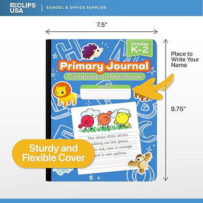 E-CLIPS USA Primary Composition Notebook K-2 Primary Ruled Composition Book Primary Writing Journal Bulk Grades K-2 Story Composition Notebooks For Kids 100 Sheets 200 Pages 7.5" x 9.75" (4 Pack) - size: 4 Pack