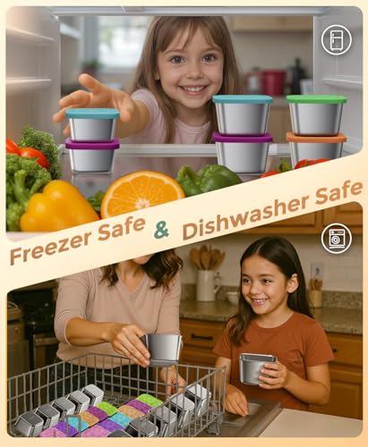 3 Pack 6oz Stainless Steel Snack Containers and 3 Pack 2oz Salad Dressing To Go Containers with Silicone Lids, Reusable Square Meal Prep Condiment Sauce Containers Lunch Box Accessories - color: Magic Forest‌