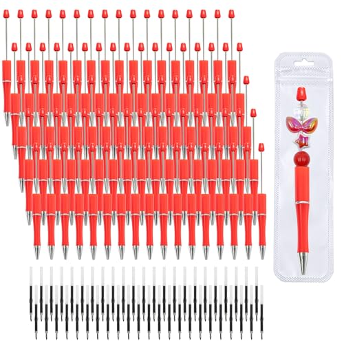 420 Pieces DIY Beadable Pen Bulk Kit – 140 PCS Ballpoint Pen with Refills & Bags – Perfect for Beads Pens Supplies, Beaded Pens for DIY Crafting – Office Supplies & Teacher Accessories (Red) - color: Red, size: 140