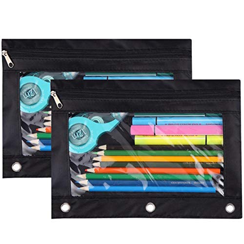 Pencil Pouch for 3 Ring Binder, Zipper Pencil Case Bag Three Hole with Clear Window Black 2 Pack - color: Black1