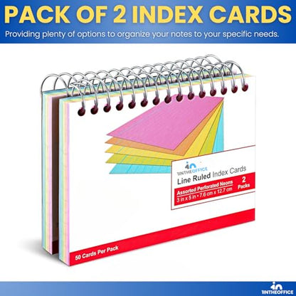 1InTheOffice Spiral Index Cards 3x5 Ruled, Neon Note Cards Spiral Bound, Spiral Bound Index Cards, 50 Cards/Pack, 2 Pack