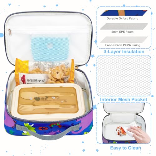 FlowFly Kids Lunch box Insulated Soft Bag Mini Cooler Back to School Thermal Meal Tote Kit for Girls, Boys, Dinosaur - color: Dinosaur
