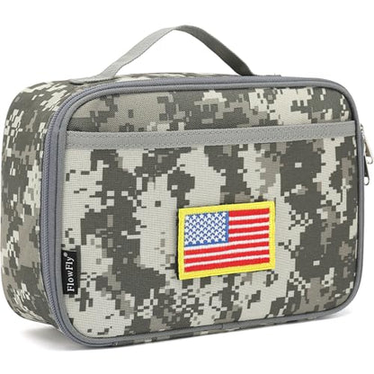 FlowFly Kids Lunch box Insulated Soft Bag Mini Cooler Back to School Thermal Meal Tote Kit for Girls, Boys, Free USA Flag Patch Included - color: Digital Camo with Flag