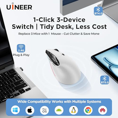 Uineer Ergonomic Wireless Vertical Mouse, Tri-Mode Bluetooth 5.0/4.0 and 2.4G USB, Rechargeable Silent Computer Mouse for Laptop, MacBook, iPad and PC, 4 DPI Levels, LED Light, 3-Device Switching
