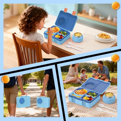 Bento Lunch Box for Kids Adult, Leakproof 3-4 Compartment Bento Box Set with Insulated Food Jar,Water Bottle, Lunch Bag, School Lunch Container for Toddler Teen Girls Boys Ages 3+(Blue) - color: Blue