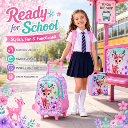 KLFVB Girls Rolling Bookbag, 3PCS Kids Roller Backpack with Lunch Bag, Wheeled School Bag for Children - Deer - color: Uv Printing Peach-blossom Deer Rolling Backpack
