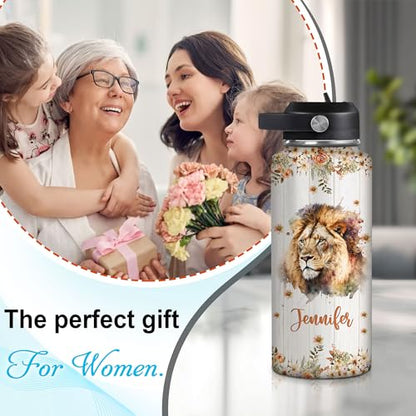 Hyturtle Personalized Lion Water Bottle - Custom Name Travel Insulated Stainless Steel Bottle with Leak-Proof Lid 18oz 32oz - Cute Animal Gift for Women, Girls, Lion Lovers - Birthday & Christmas Gift - color: Lion