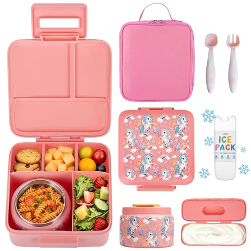 JXXM Bento Lunch Box for Kids With 8oz Soup Thermo,Leak-proof Lunch Containers with 5 Compartment,Thermos Food Jar and Lunch Bag, Food Containers for School (A-Pink(Fantasy Unicorn)) - color: Pink Fantasy Unicorn