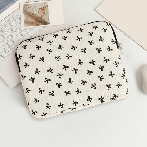 Cute Bow Laptop Sleeve 13.3 Inch, Puffy Quilted Protective Case with Bowknot, Aesthetic Padded Computer Cover Compatible with Mac-Book Air Pro, iPad - color: Black White