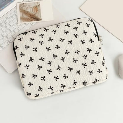 Cute Bow Laptop Sleeve 13.3 Inch, Puffy Quilted Protective Case with Bowknot, Aesthetic Padded Computer Cover Compatible with Mac-Book Air Pro, iPad - color: Black White