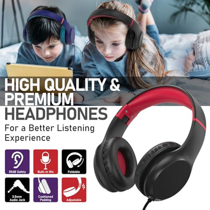 FosPower Kids Headphones with 3.5mm Laced Cables, Children & Teens Over The Ear Foldable Adjustable Headset w/Built-in Mic for Smartphones/PC/Tablet/Laptop/School (Max Volume 85dB) - Black/Red - color: 09 - Black/Red