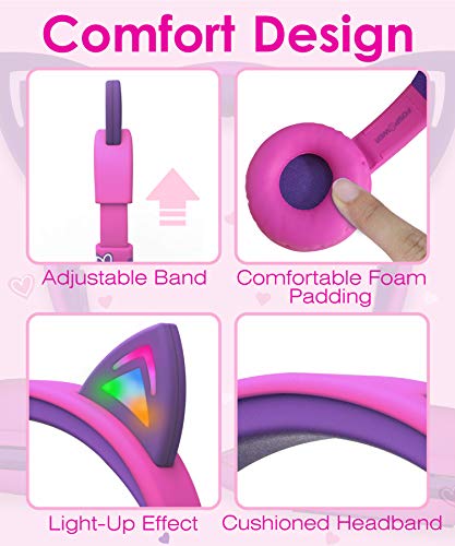FosPower Kids Headphones with LED Cat Ears (85dB Safe Volume Limit), 3.5mm Soft On-Ear Wired Headphones with Tangle-Free Laced Cables for iPad/Tablet/School/Travel - Hot Pink/Purple - color: 01 - Hot Pink/Purple
