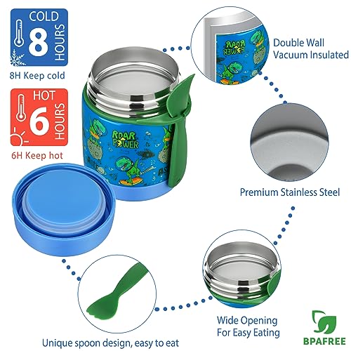 Bento Lunch Box Set for Kids with 10oz Soup Thermo, Leak-Proof Lunch Containers with 4 Compartment, Kids Thermo Hot Food Jar and Insulated Lunch Bag for Kid to School,BPA-Free(Dragon) - color: Blue-Tyrannosaurus Rex