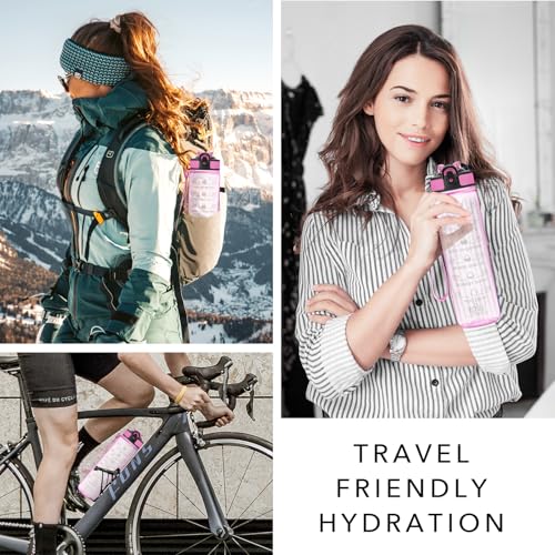 Hyeta Water Bottle with Straw & Time Marker, Plastic 32oz Leakproof | Motivational Tritan BPA Free Gym Office Outdoor Intake Tracker Hourly Reminder Straw Lid Carry Strap - color: Clear Pink