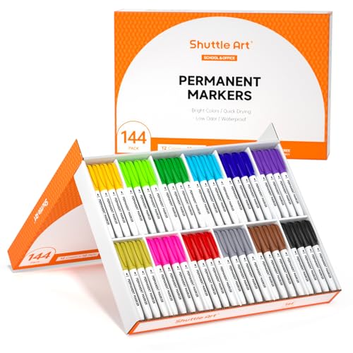 Shuttle Art 144 Pack Permanent Markers, Permanent Marker Assorted Colors, 12 Bright Colors Fine Point Permanent Markers For Students and Adult Coloring on Wood, Stone, Glass as Office, School Supplies - color: 12 Colors