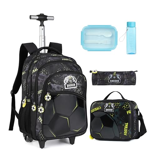 Kids Rolling Backpack for Boys, Cartoon Wheeled Backpack Set with Lunch Bag & Pencil Case Backpack with Wheels (Football) - color: Football