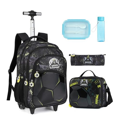 Kids Rolling Backpack for Boys, Cartoon Wheeled Backpack Set with Lunch Bag & Pencil Case Backpack with Wheels (Football) - color: Football