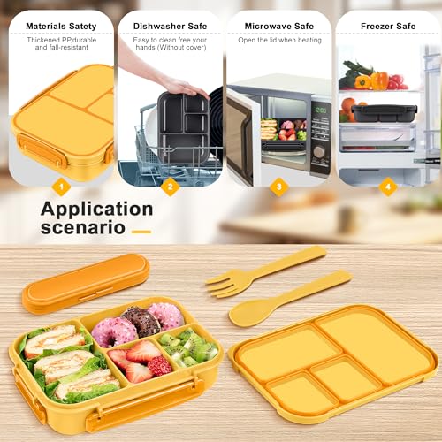 Amathley Lunch Box Kids,Bento Box Adult,Leakproof Lunch Containers for Adults/Kids/Toddler,1200ML-4 Compartments bento Lunch box with Utensil,Microwave & Dishwasher & Freezer Safe (Yellow) - color: Yellow