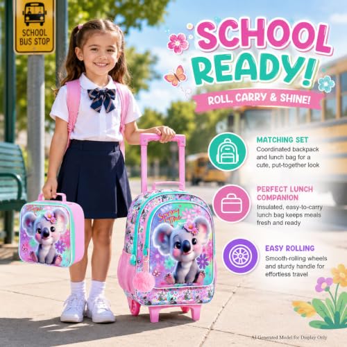 KLFVB Rolling Backpack for Girls, 3PCS Kids Roller Bookbag with Lunch Bag, Wheeled School Bag for Children - Koala - color: Upgraded Uv Printing Pink Koala Rolling Backpack