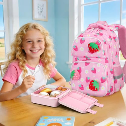 Kids Backpack for Girls 4-8, Cute 3D Plush Strawberry Toddler Backpack with 34oz Lunch Box, Insulated Bag, Pen Case & Utensils, School Bookbag for Preschool Kindergarten Elementary Student - color: Strawberry