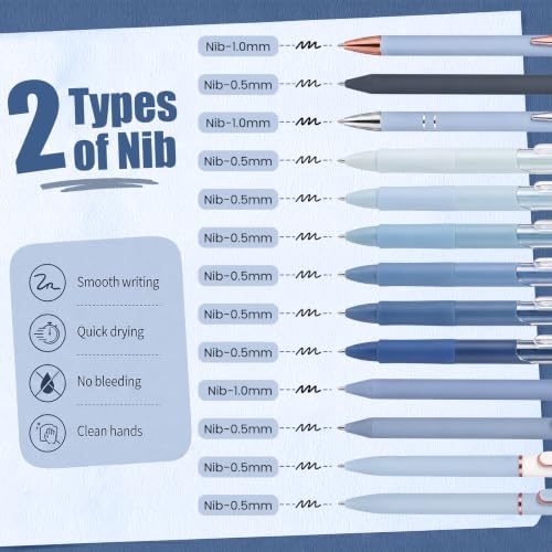 Dunzoom 13 Pack 0.5mm Black Ink Gel Pens 1.0mm Ballpoint Pen Retractable Fine Point Neutral Pens Bulk Quick Dry Smooth Writing for Back to School Office Supplies Note Taking Meeting(Blue) - color: Blue