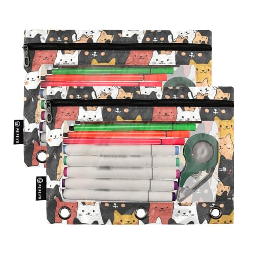 Binder Pencil Pouches, Fat Cute Cats Pattern Pencil Case with Clear Window 3 Rings Pen Case Holder Office Supplies - color: Multi-Cartoon Cute Cats