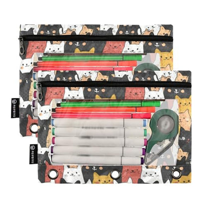 Binder Pencil Pouches, Fat Cute Cats Pattern Pencil Case with Clear Window 3 Rings Pen Case Holder Office Supplies - color: Multi-Cartoon Cute Cats