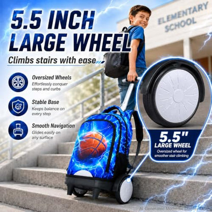 UFNDC Big Wheel Boys Backpack with Wheels, Water-Resistant Rolling School Bag with Lunch Box & Pencil Case, 3-Pack Kids Wheeled Bookbag Travel Set - Lightning Basketball - color: Rolling Backpack Lightning Basketball Blue