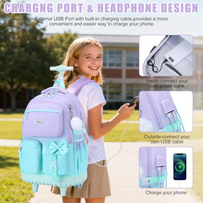Bevalsa Rolling Backpack for Girls, Roller Backpack with Wheels, Cute Bow Wheeled School Bookbag Set with Lunch Bag & Pen Case, Suitcases for Kids Teens Elementary Middle Student (Purple Green) - color: Purple Green