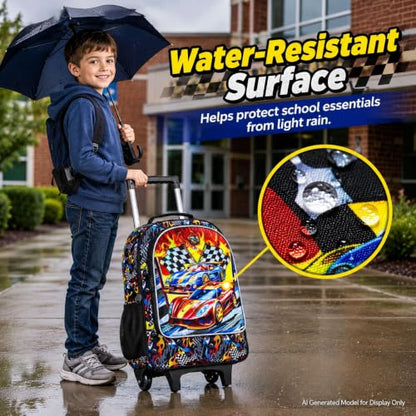 HPJGD 3PCS Car Rolling Bookbag for Boys, Kids School Backpack with Wheels, Water Resistant UV Printed Roller Wheeled Bookbag Set with Lunch Box - color: 3PCS Boys Rolling Backpack