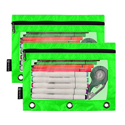 Binder Pouches,Green Pencil Pouch for 3 Ring Binder 2 Pack Clear Pencil Bag with Zipper for Office School Supplies - color: Green